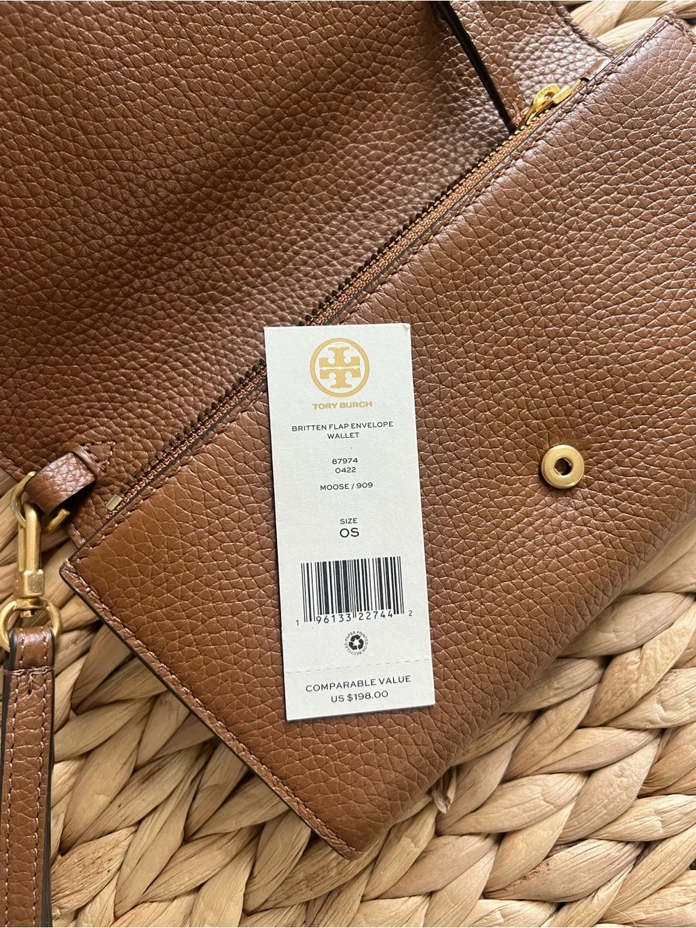 Tory Burch Tan Brown Pebbled Leather Wristlet with Gold Logo